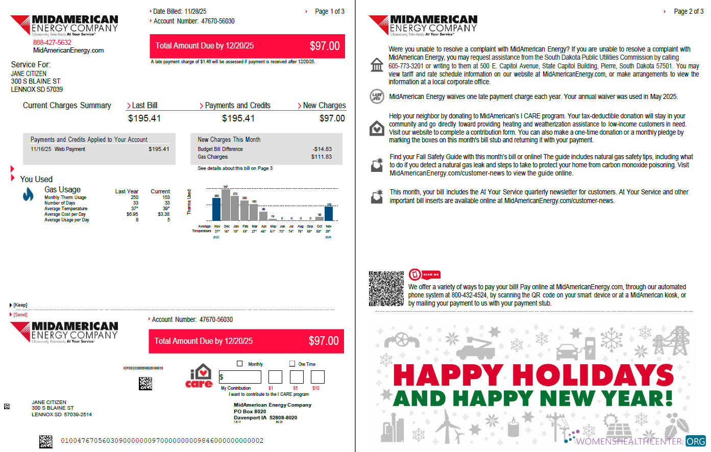 USA MidAmerican Energy Company utility bill template in Word and PDF formats, 3 pages, 1 2 pages